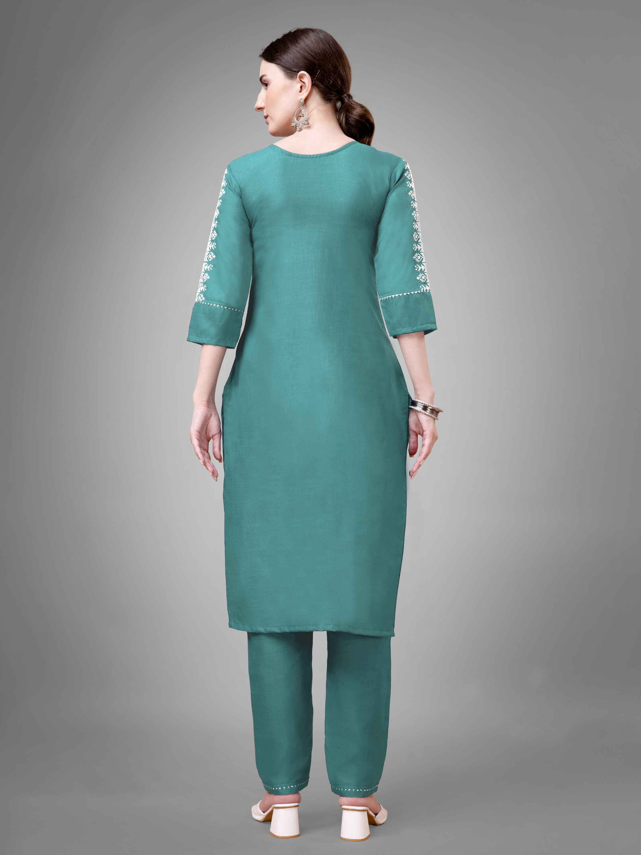 Teal Colored Cotton Blend Embroidered Kurti With Pant