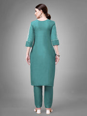 Teal Colored Cotton Blend Embroidered Kurti With Pant