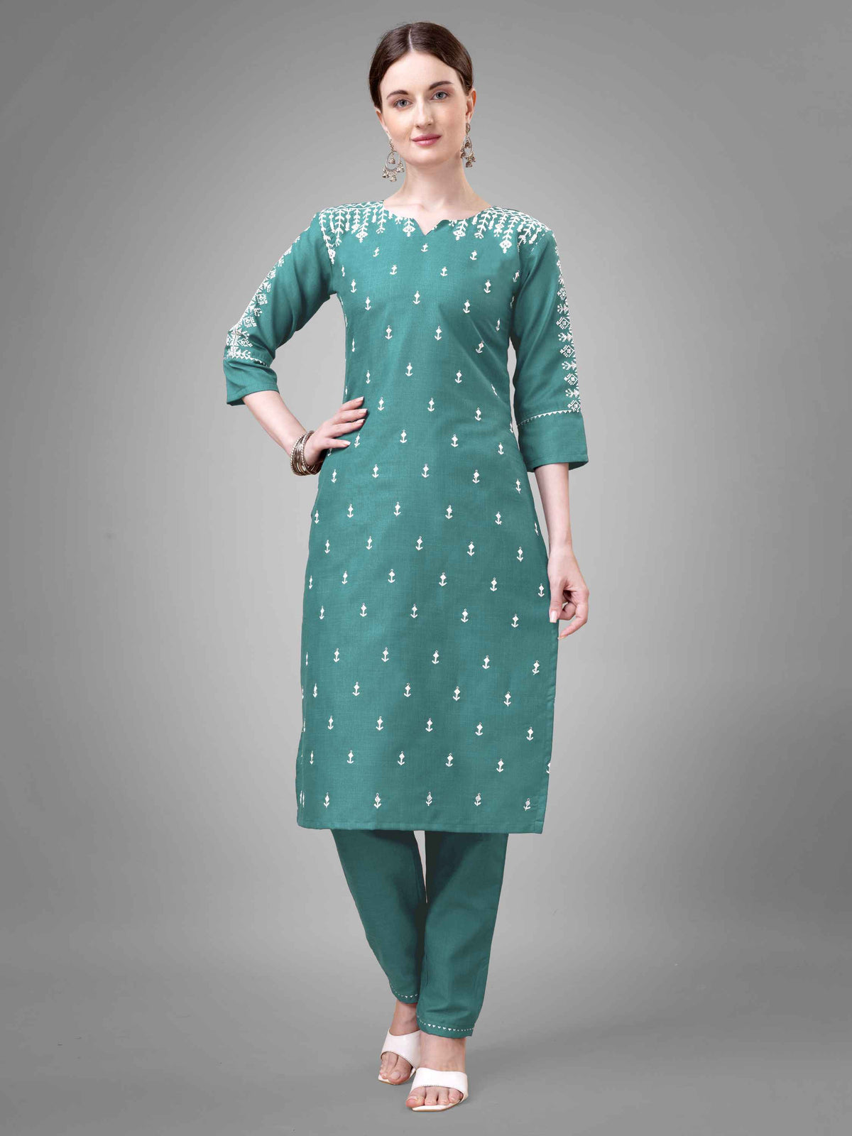 Teal Colored Cotton Blend Embroidered Kurti With Pant