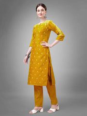 Yellow Colored Cotton Blend Embroidered Kurti With Pant