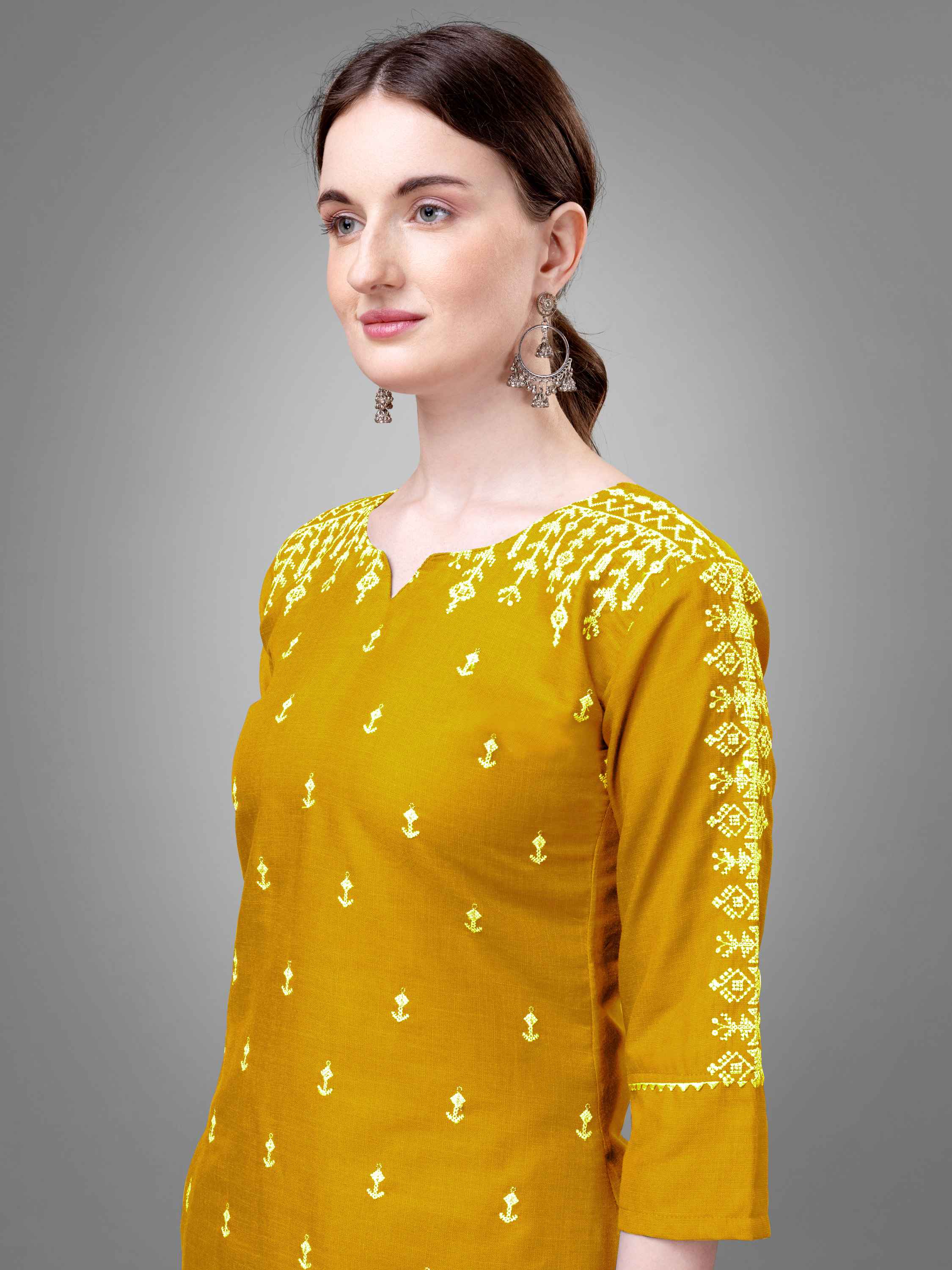 Yellow Colored Cotton Blend Embroidered Kurti With Pant