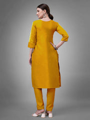 Yellow Colored Cotton Blend Embroidered Kurti With Pant