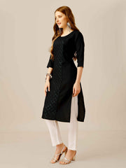 Black Colored Cotton Sequins Embroidered Kurti With Pant