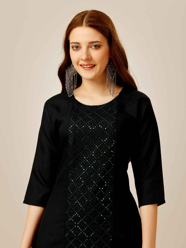 Black Colored Cotton Sequins Embroidered Kurti With Pant