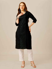 Black Colored Cotton Sequins Embroidered Kurti With Pant