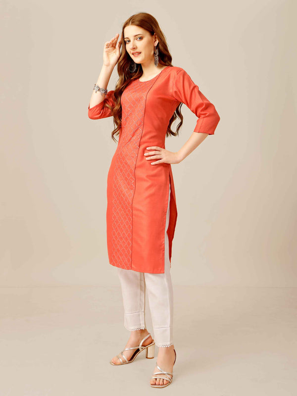 Coral Colored Cotton Sequins Embroidered Kurti With Pant