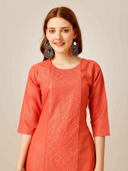 Coral Colored Cotton Sequins Embroidered Kurti With Pant