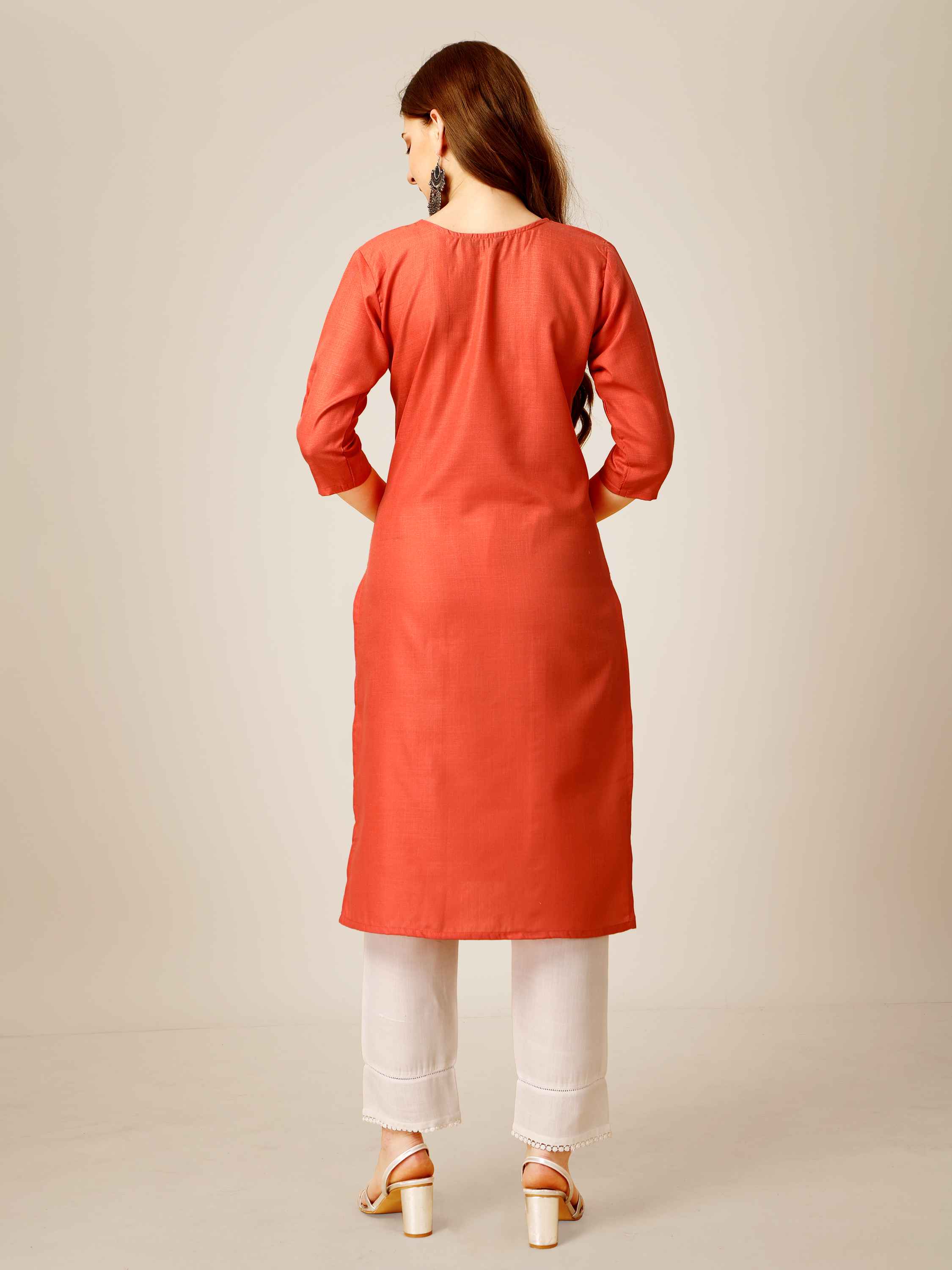 Coral Colored Cotton Sequins Embroidered Kurti With Pant