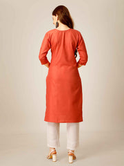 Coral Colored Cotton Sequins Embroidered Kurti With Pant