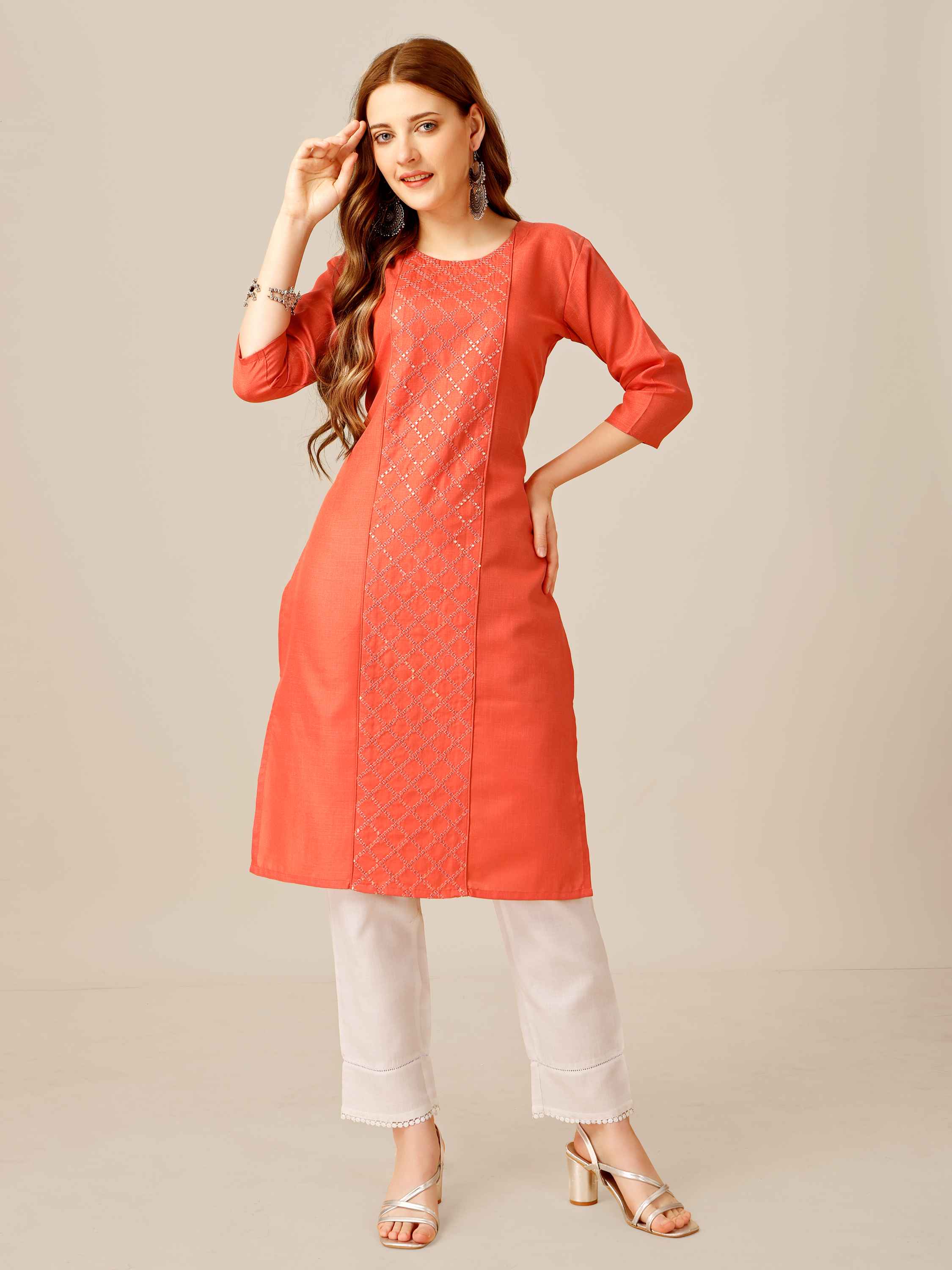 Coral Colored Cotton Sequins Embroidered Kurti With Pant