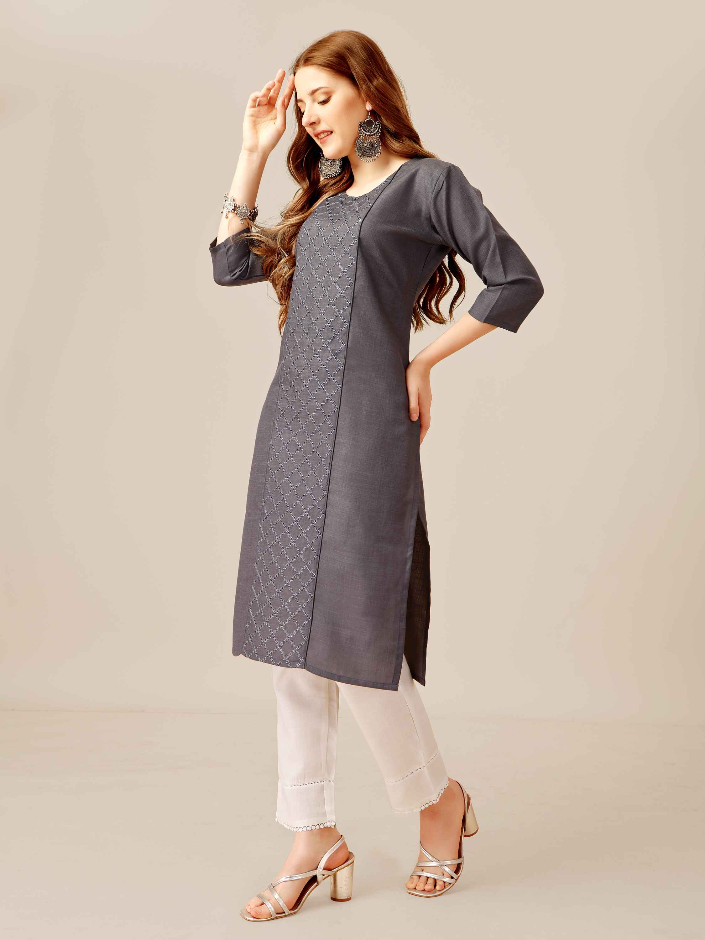 Grey Colored Cotton Sequins Embroidered Kurti With Pant