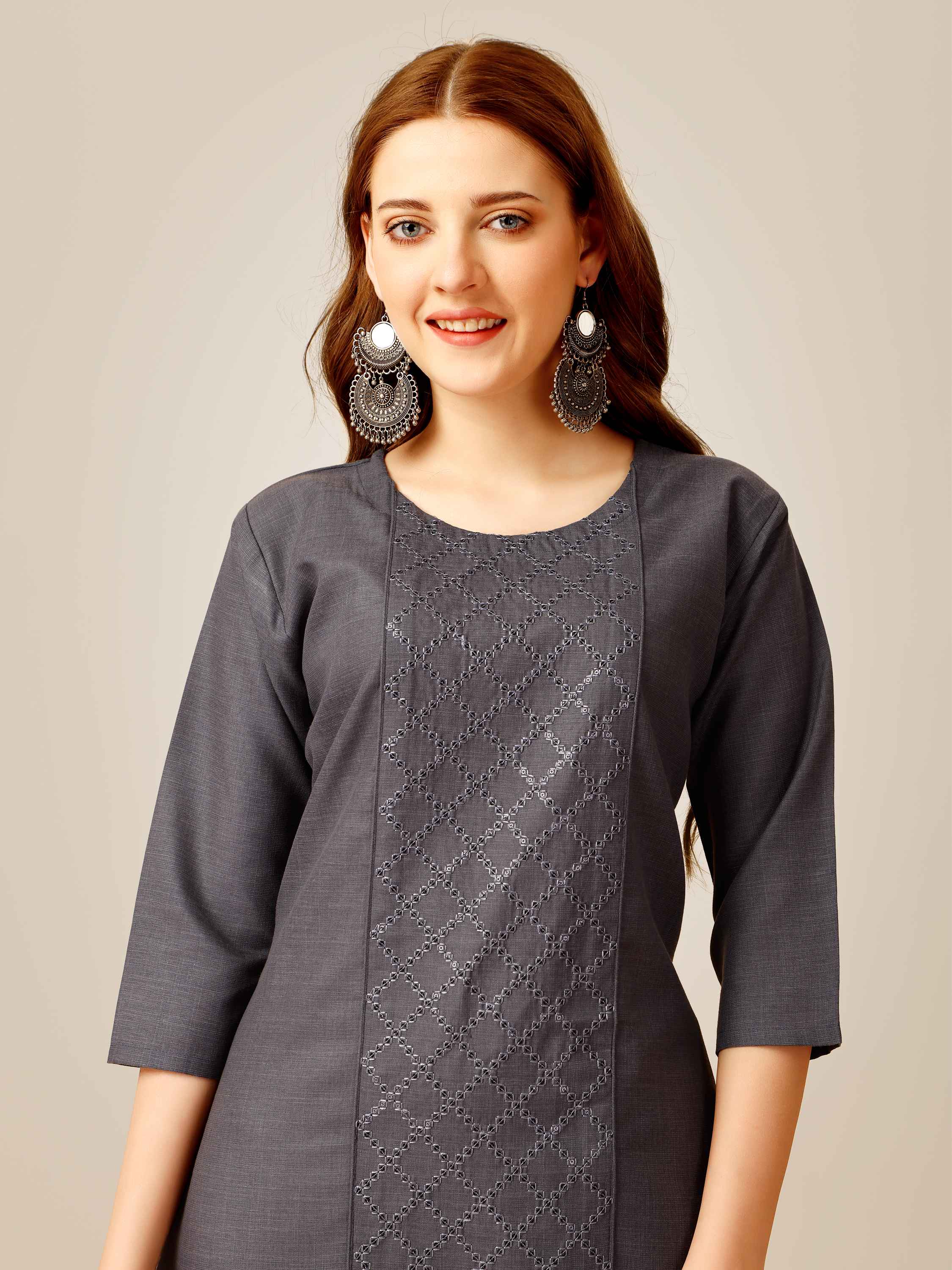 Grey Colored Cotton Sequins Embroidered Kurti With Pant