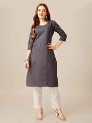 Grey Colored Cotton Sequins Embroidered Kurti With Pant