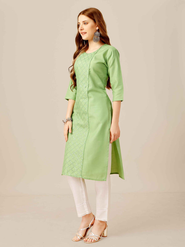 Light Green Colored Cotton Sequins Embroidered Kurti With Pant