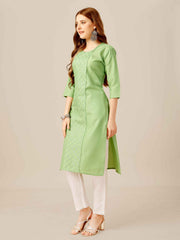 Light Green Colored Cotton Sequins Embroidered Kurti With Pant