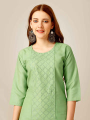 Light Green Colored Cotton Sequins Embroidered Kurti With Pant