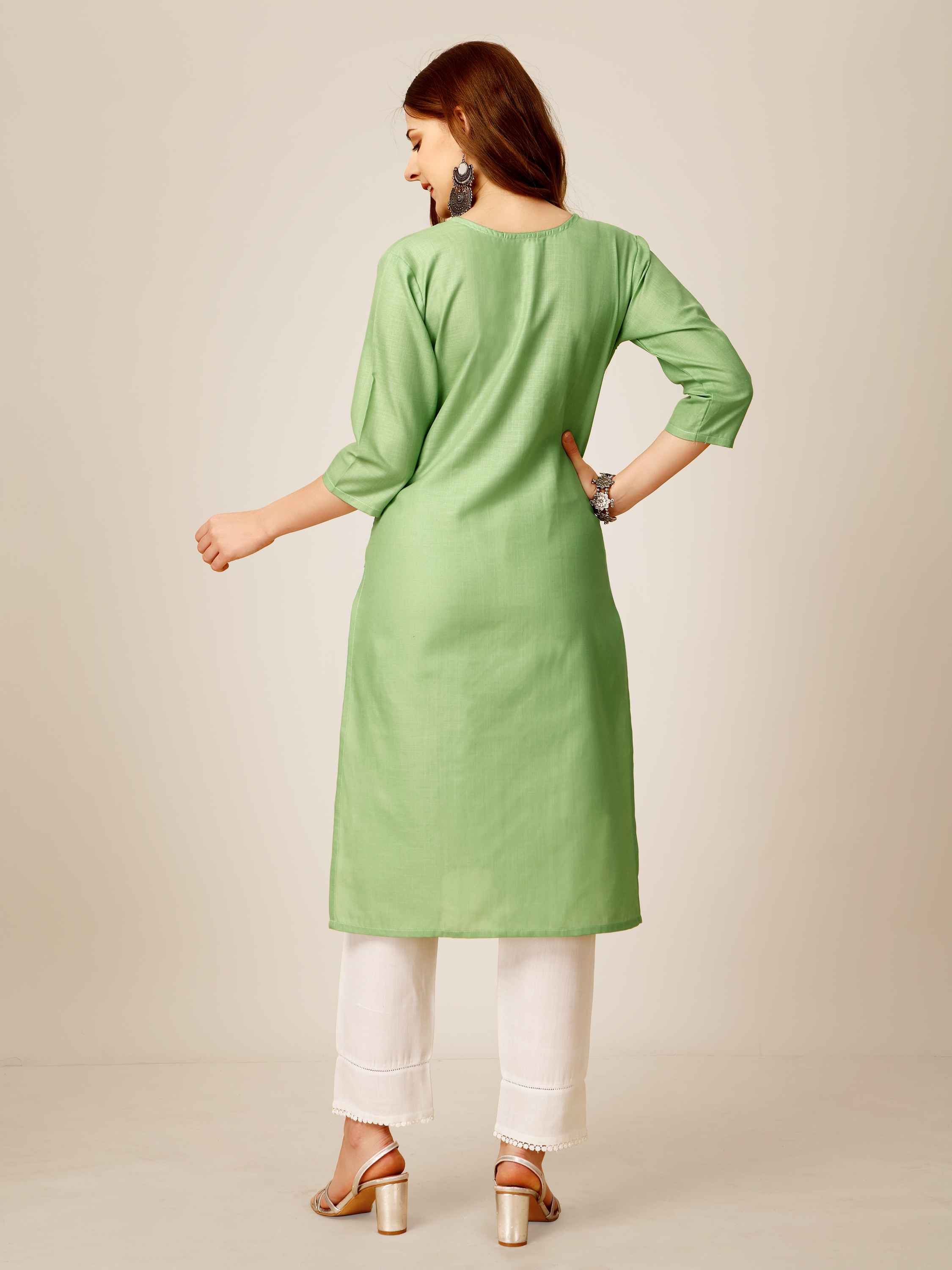 Light Green Colored Cotton Sequins Embroidered Kurti With Pant