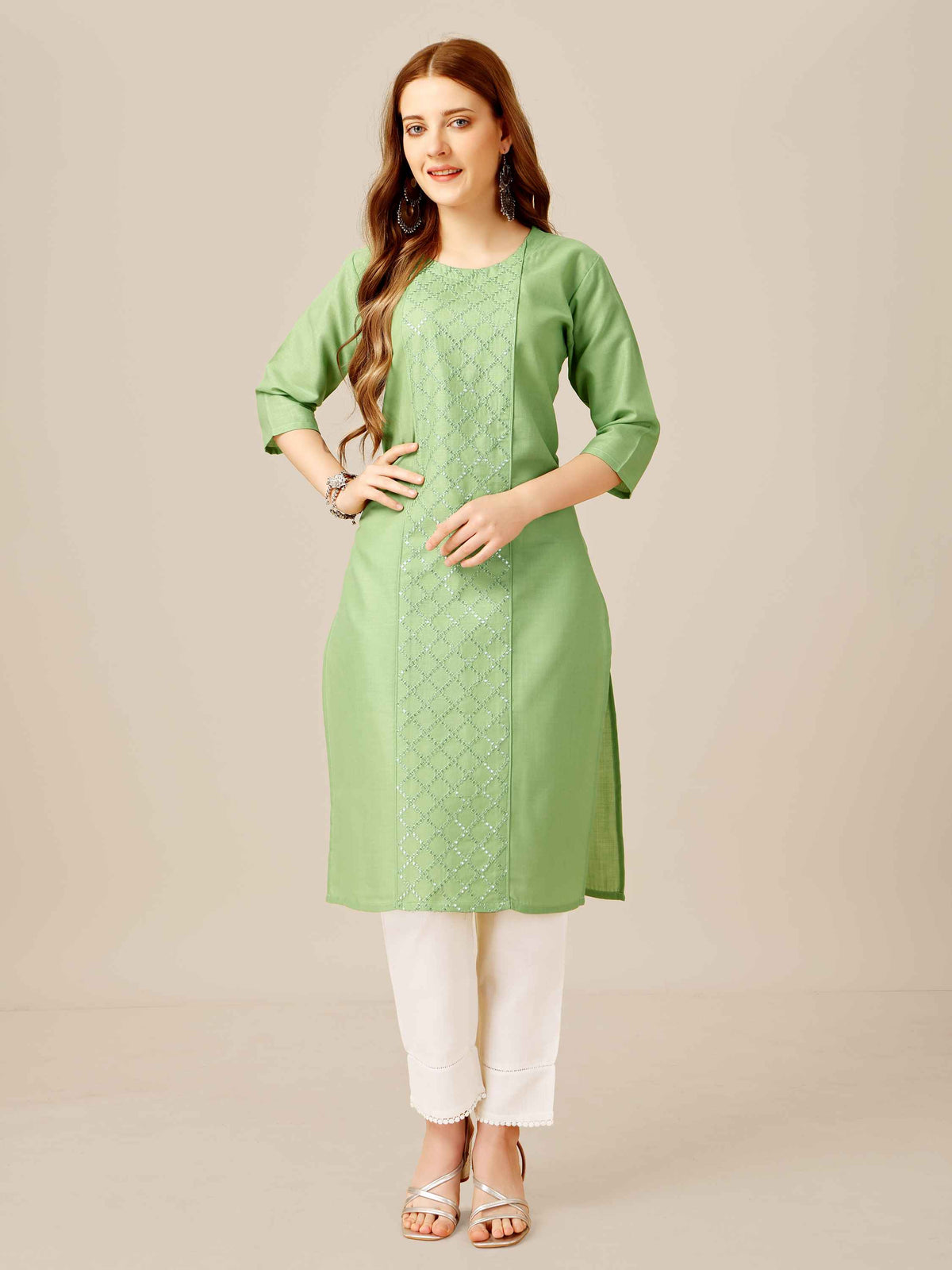 Light Green Colored Cotton Sequins Embroidered Kurti With Pant