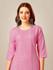 Pink Colored Cotton  Sequins Embroidered  Kurti With Pant