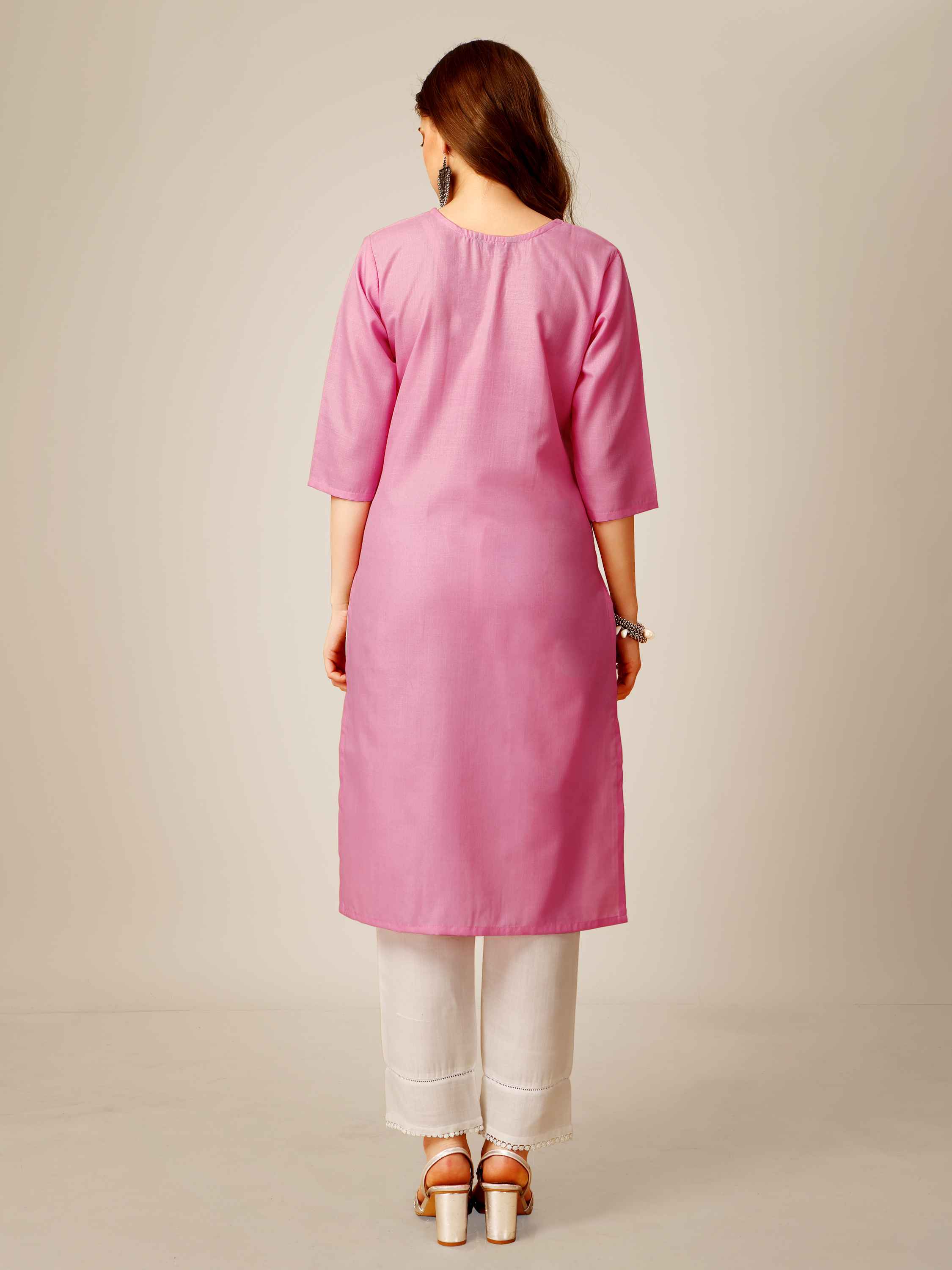 Pink Colored Cotton  Sequins Embroidered  Kurti With Pant