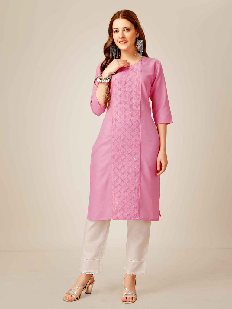 Pink Colored Cotton  Sequins Embroidered  Kurti With Pant