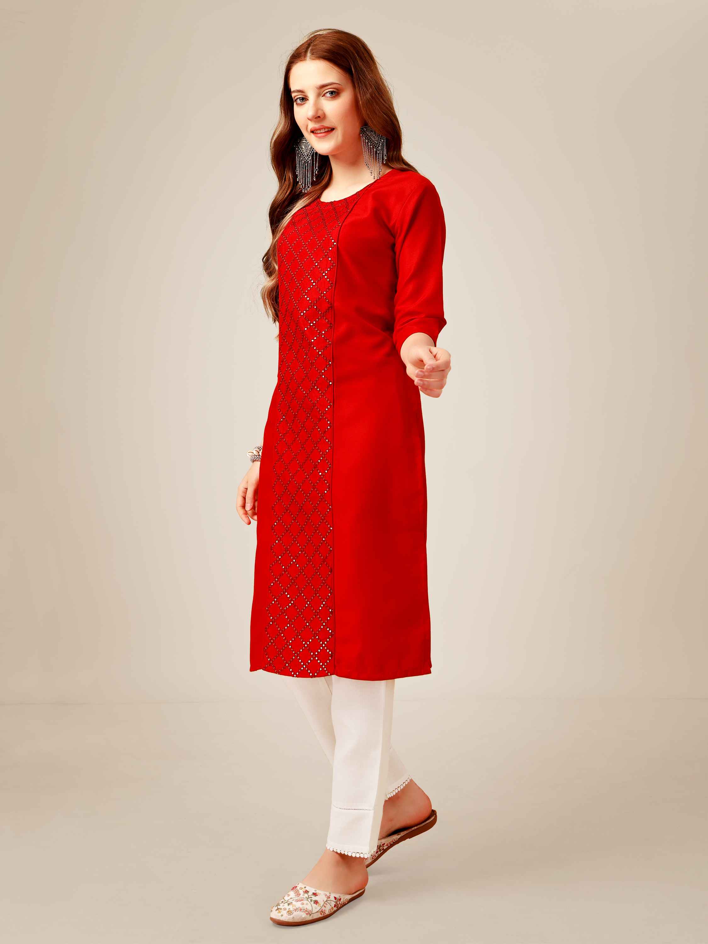 Red Colored Cotton  Sequins Embroidered  Kurti With Pant