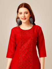 Red Colored Cotton  Sequins Embroidered  Kurti With Pant