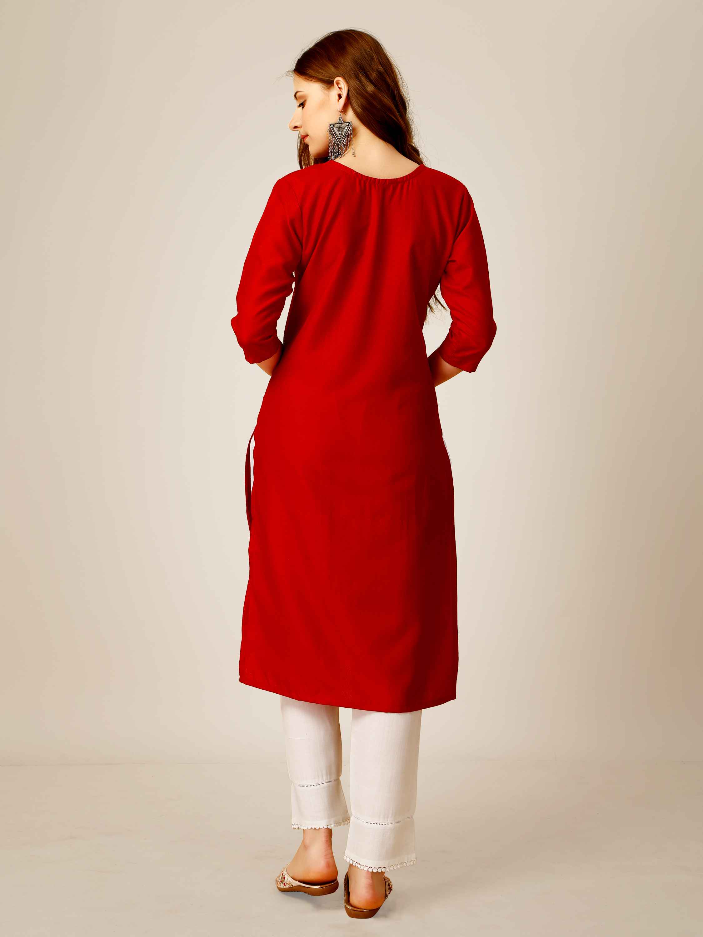 Red Colored Cotton  Sequins Embroidered  Kurti With Pant