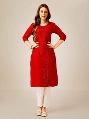 Red Colored Cotton  Sequins Embroidered  Kurti With Pant