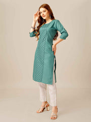 Teal Colored Cotton  Sequins Embroidered  Kurti With Pant