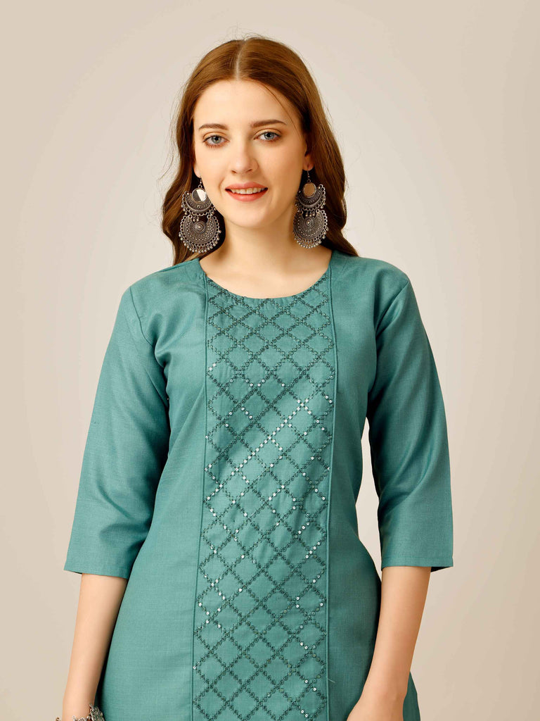 Teal Colored Cotton  Sequins Embroidered  Kurti With Pant