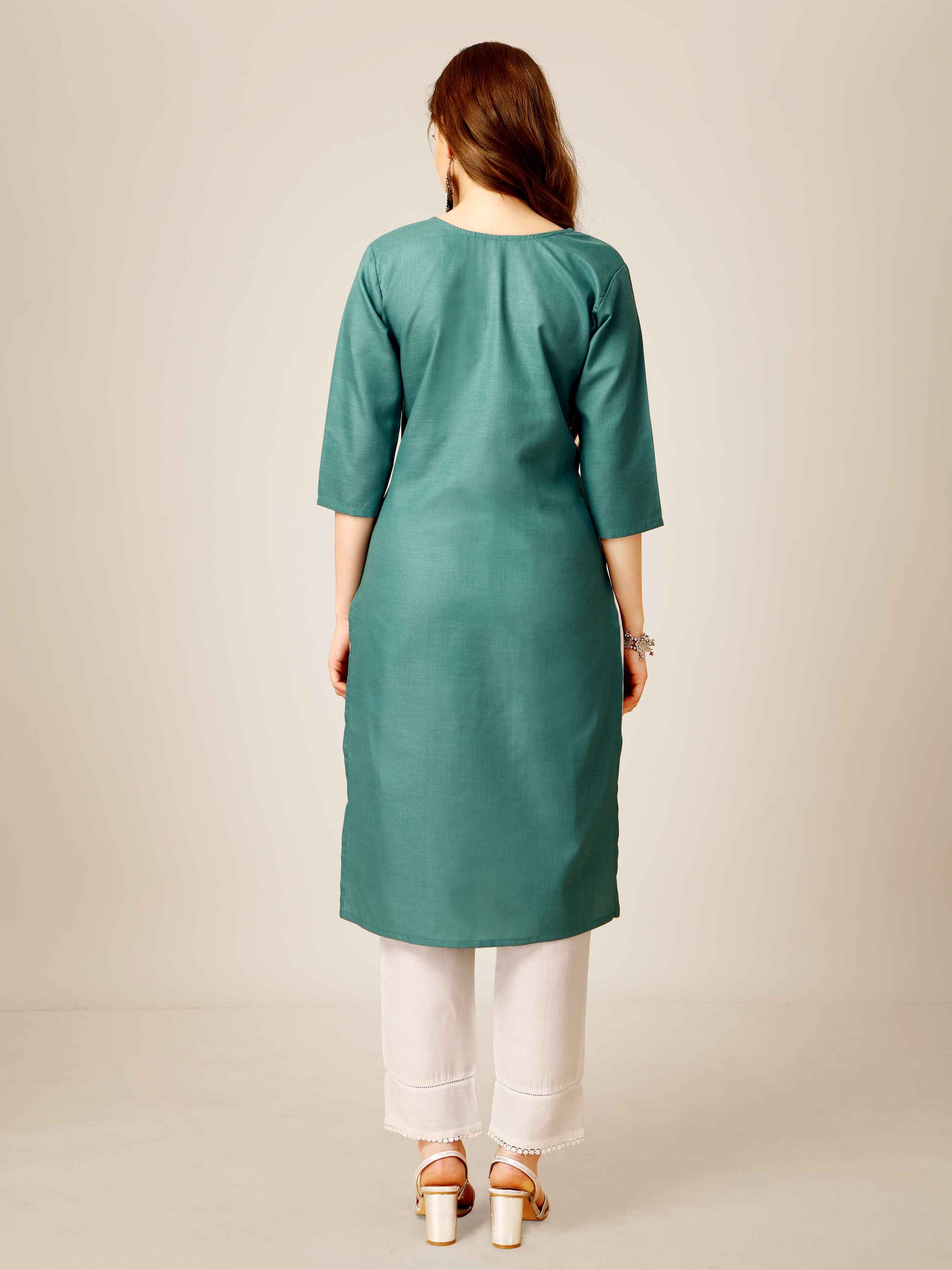 Teal Colored Cotton  Sequins Embroidered  Kurti With Pant