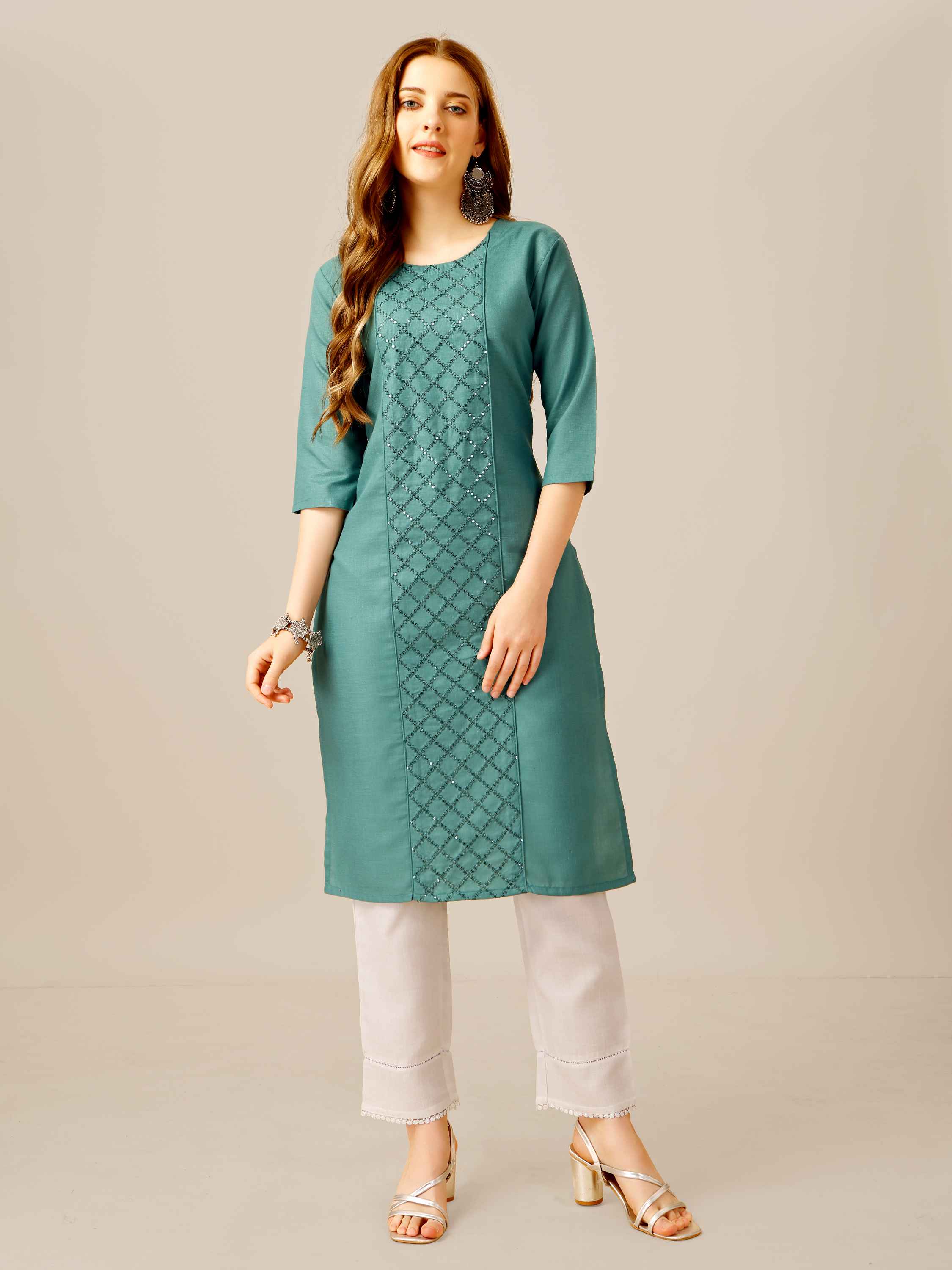 Teal Colored Cotton  Sequins Embroidered  Kurti With Pant