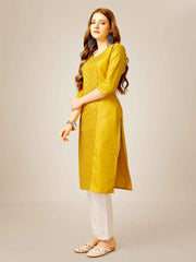 Yellow Colored Cotton  Sequins Embroidered  Kurti With Pant