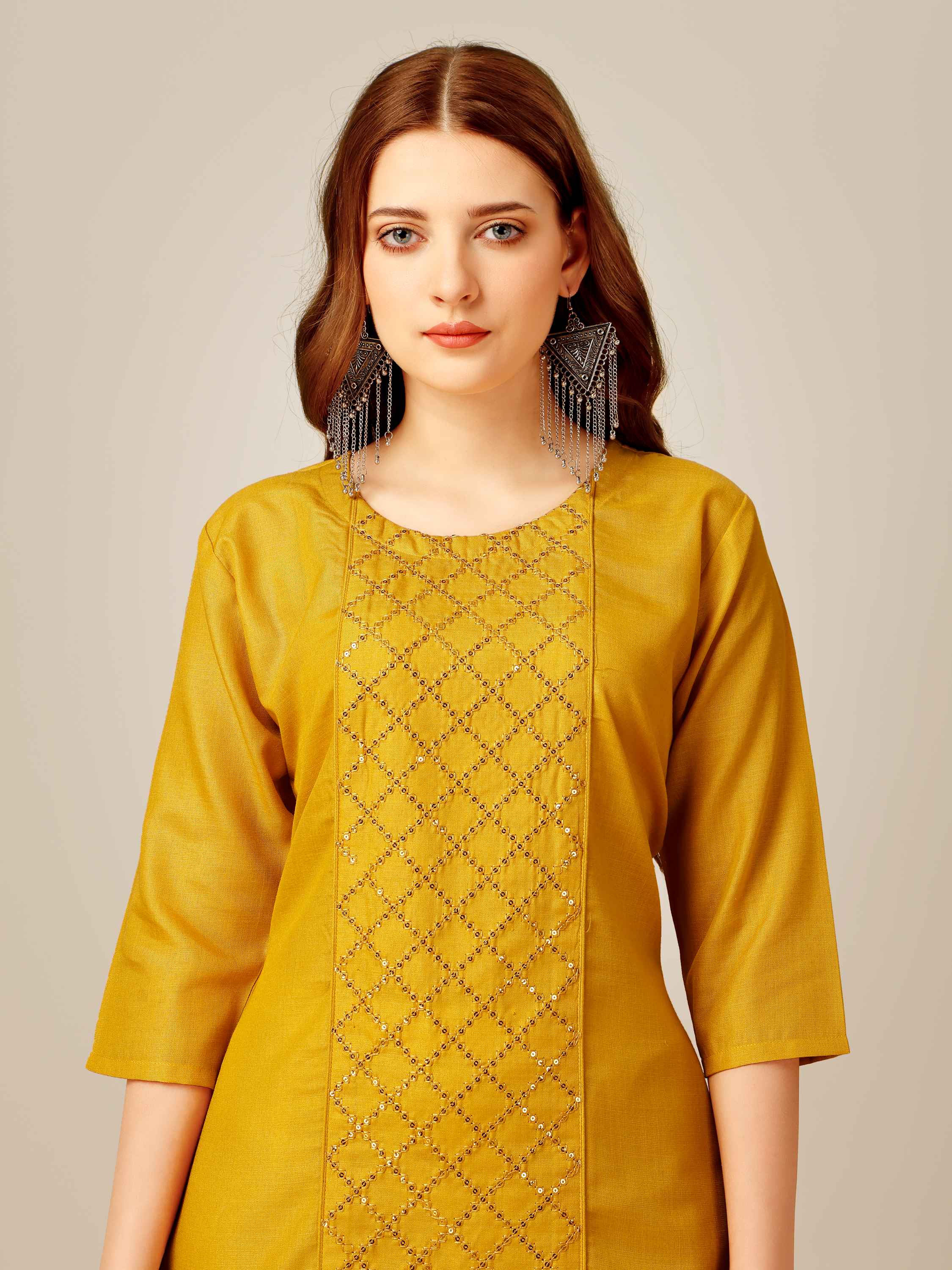 Yellow Colored Cotton  Sequins Embroidered  Kurti With Pant