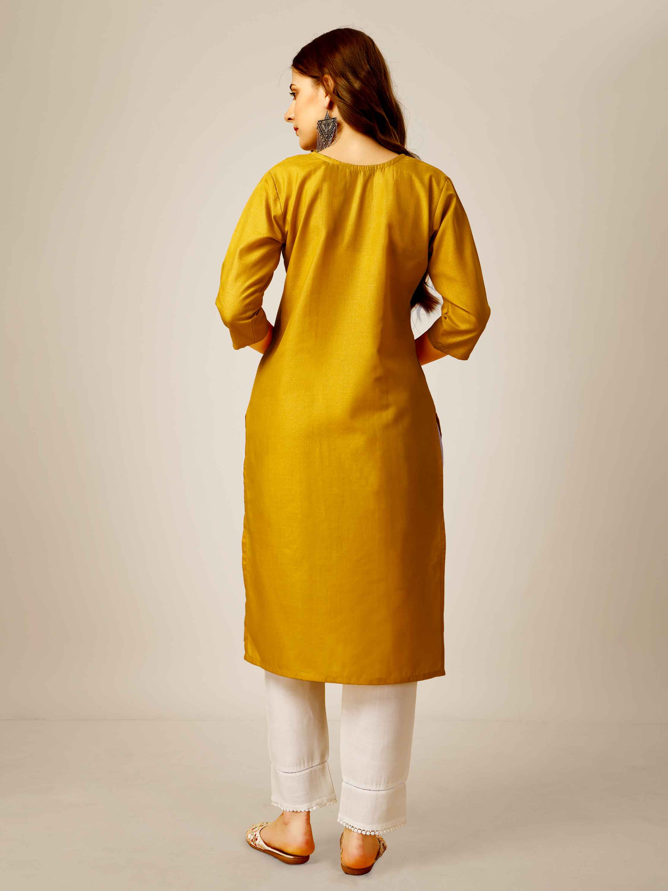 Yellow Colored Cotton  Sequins Embroidered  Kurti With Pant