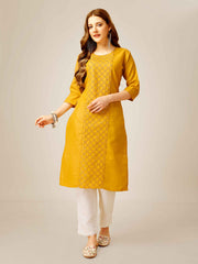 Yellow Colored Cotton  Sequins Embroidered  Kurti With Pant