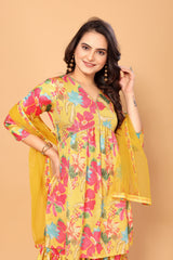 Yellow Viscose Chinon Digital Printed Salwar Suit With Sharara Dupatta