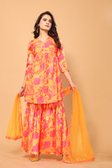 Mustard Colored Viscose Chinon Digital Printed Salwar Suit With Sharara Dupatta