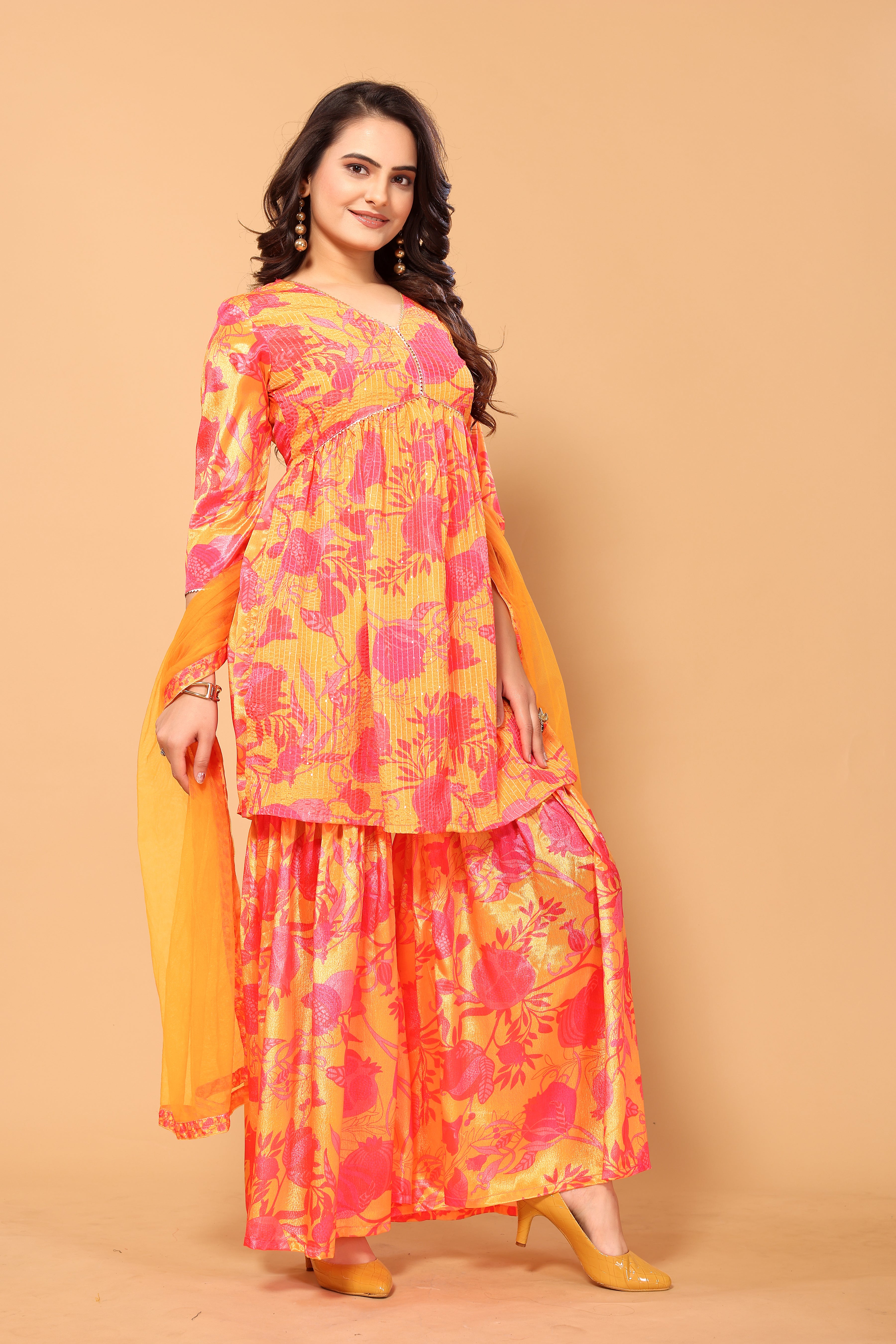 Mustard Colored Viscose Chinon Digital Printed Salwar Suit With Sharara Dupatta