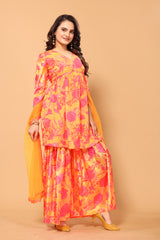 Mustard Colored Viscose Chinon Digital Printed Salwar Suit With Sharara Dupatta