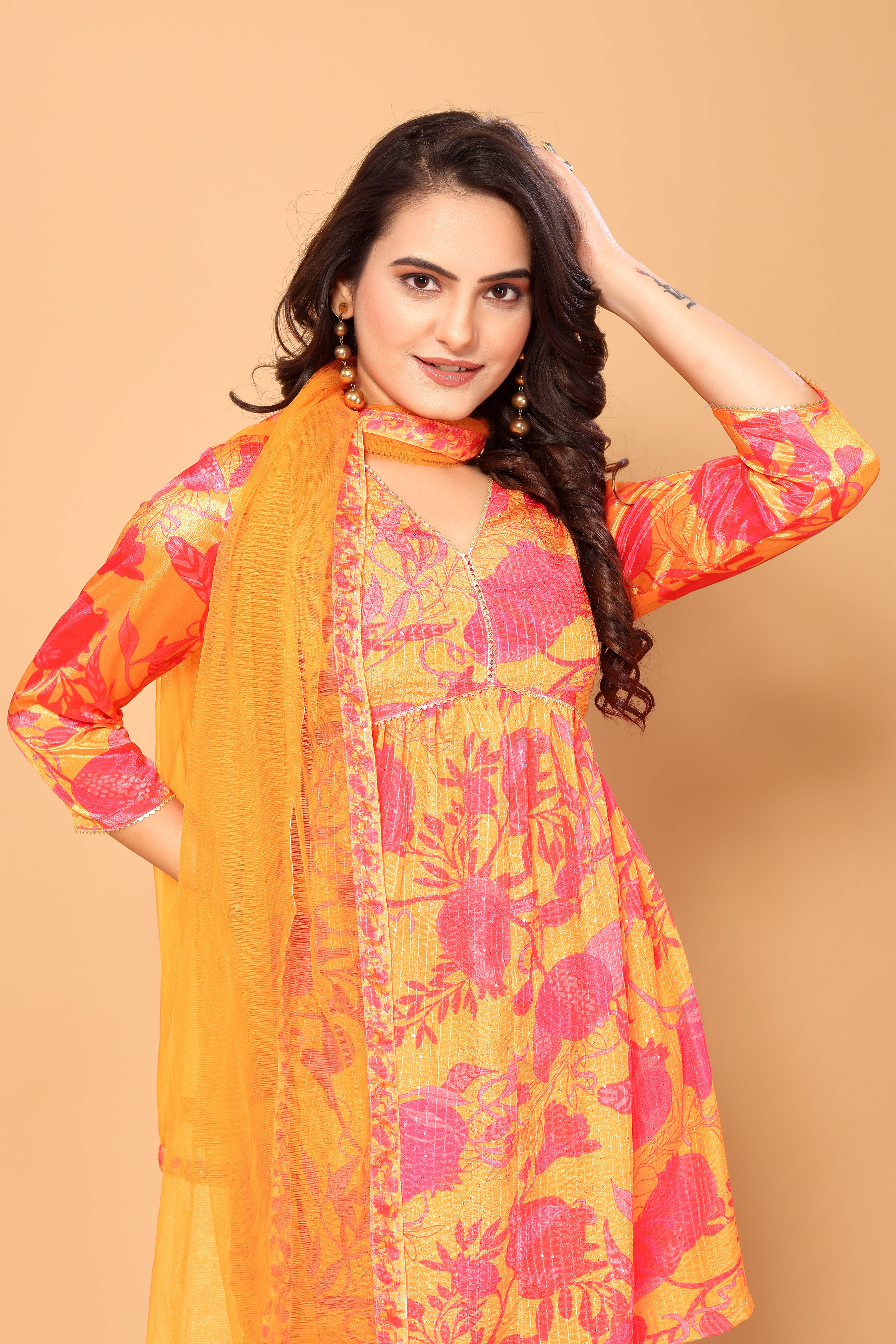 Mustard Colored Viscose Chinon Digital Printed Salwar Suit With Sharara Dupatta