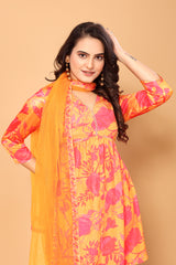 Mustard Colored Viscose Chinon Digital Printed Salwar Suit With Sharara Dupatta