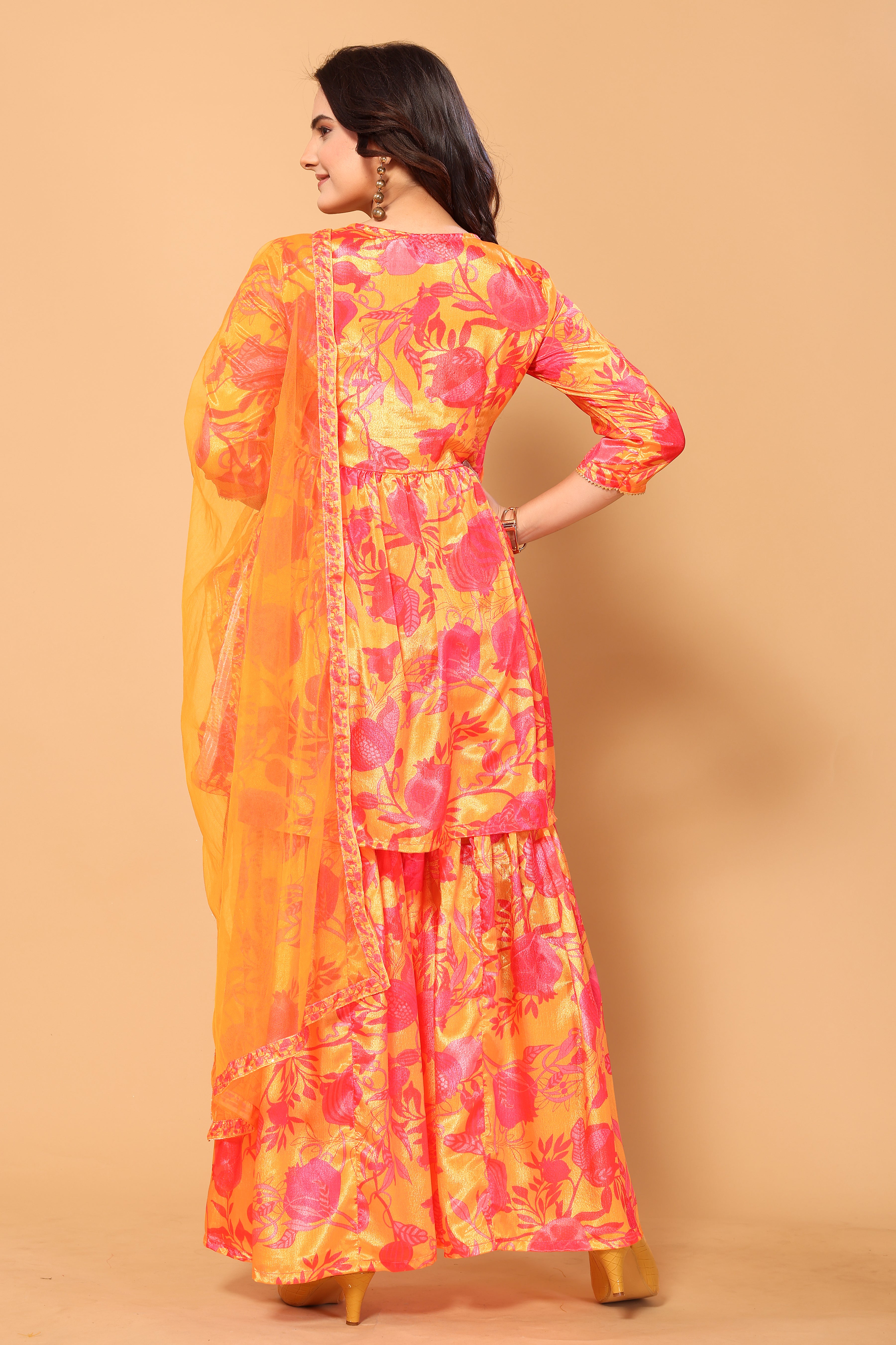 Mustard Colored Viscose Chinon Digital Printed Salwar Suit With Sharara Dupatta