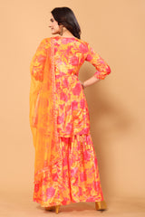 Mustard Colored Viscose Chinon Digital Printed Salwar Suit With Sharara Dupatta