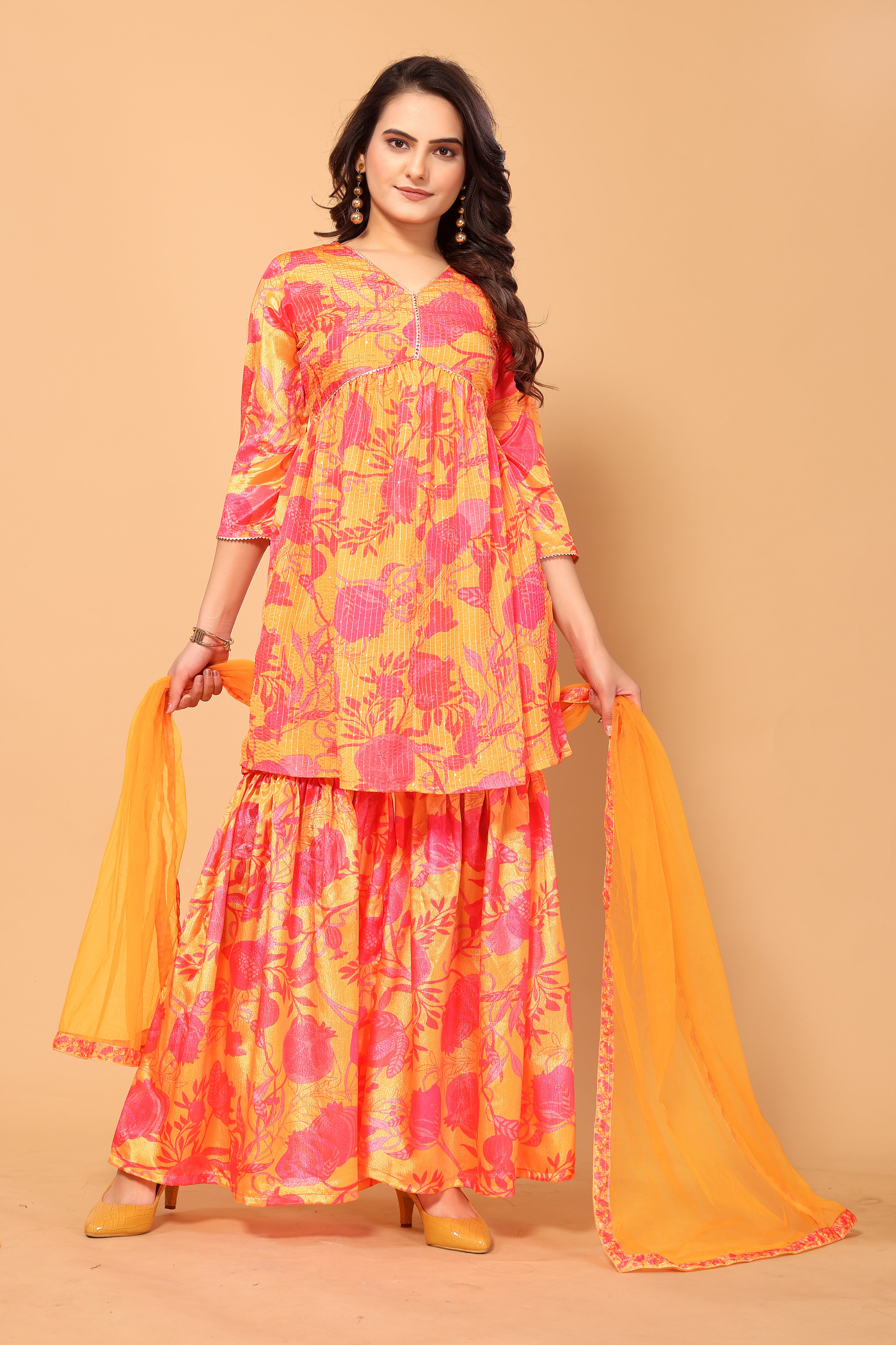 Mustard Colored Viscose Chinon Digital Printed Salwar Suit With Sharara Dupatta