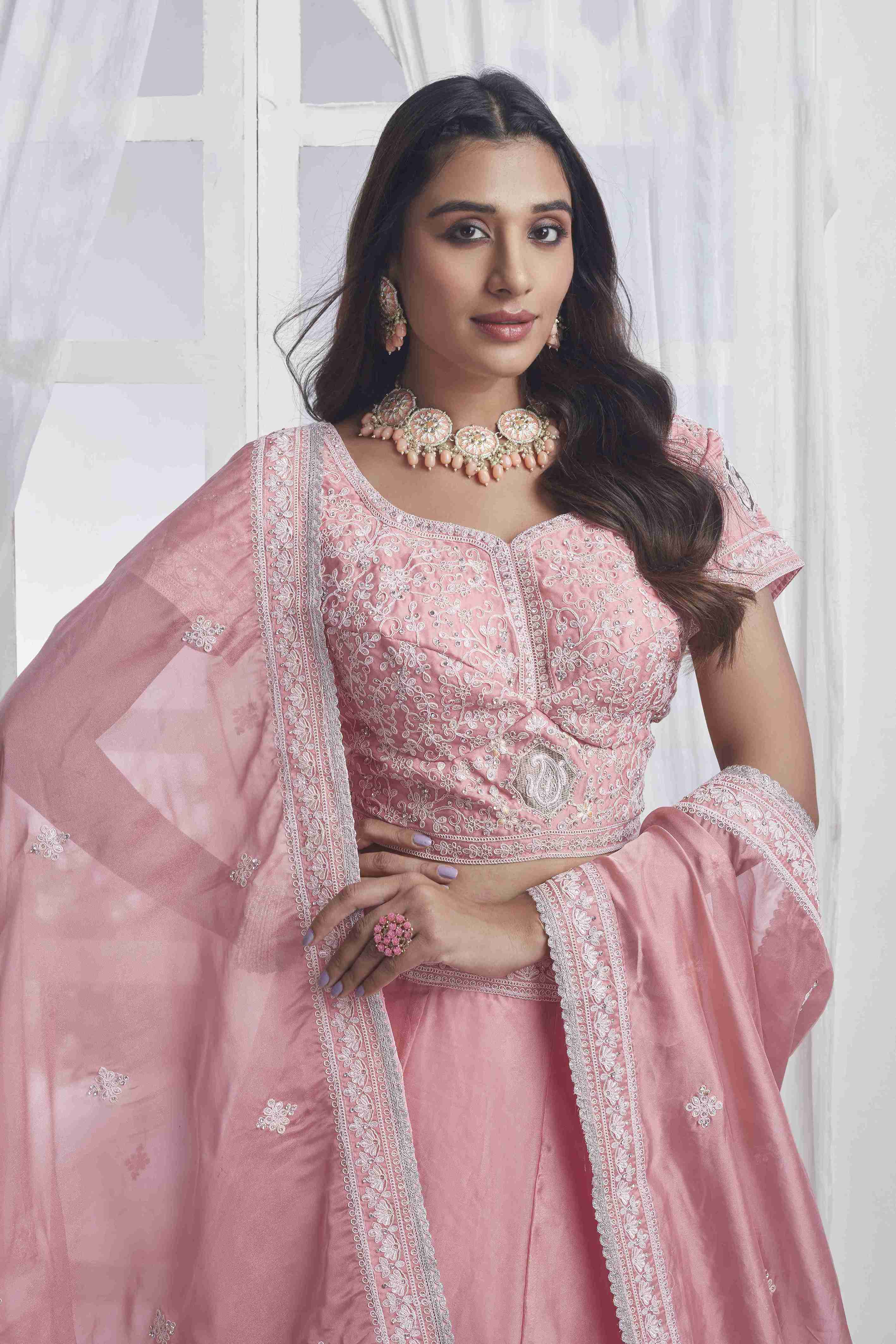 Pink Organza Sequins Embroidered Lehenga Choli