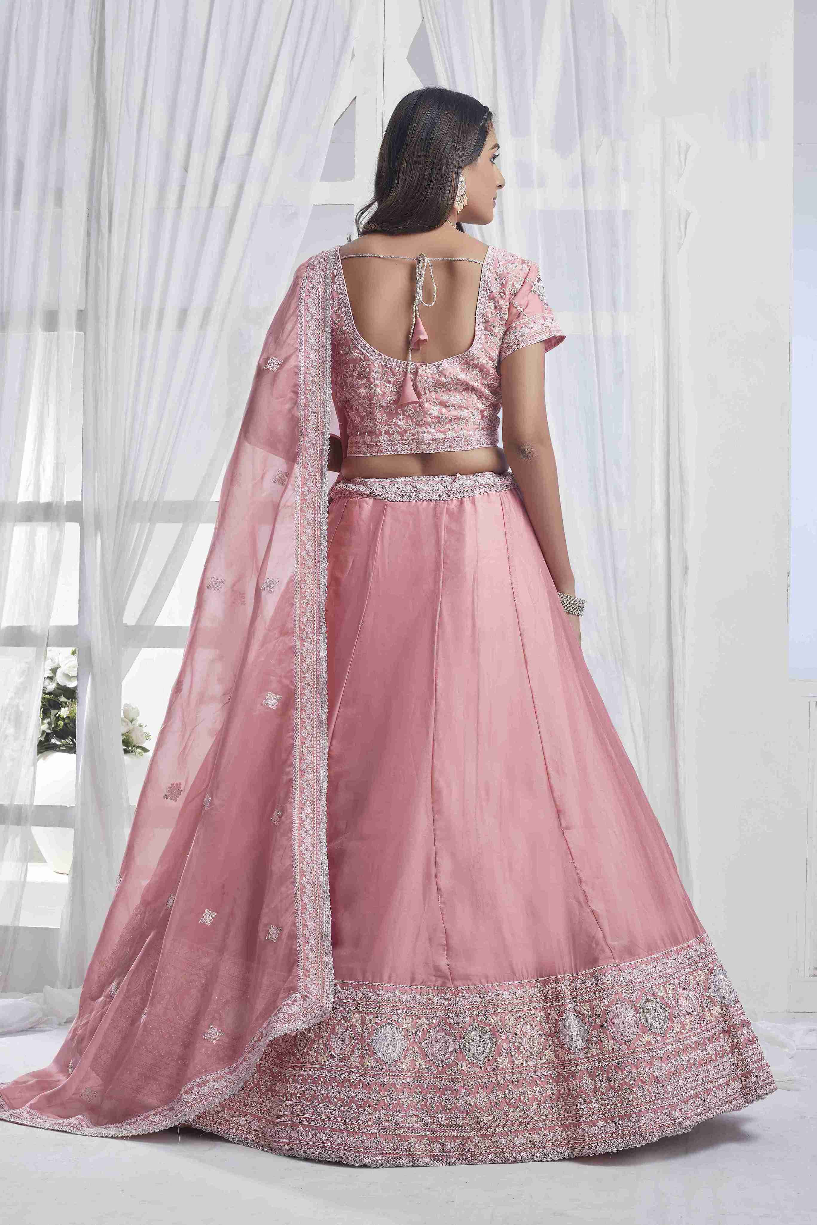 Pink Organza Sequins Embroidered Lehenga Choli