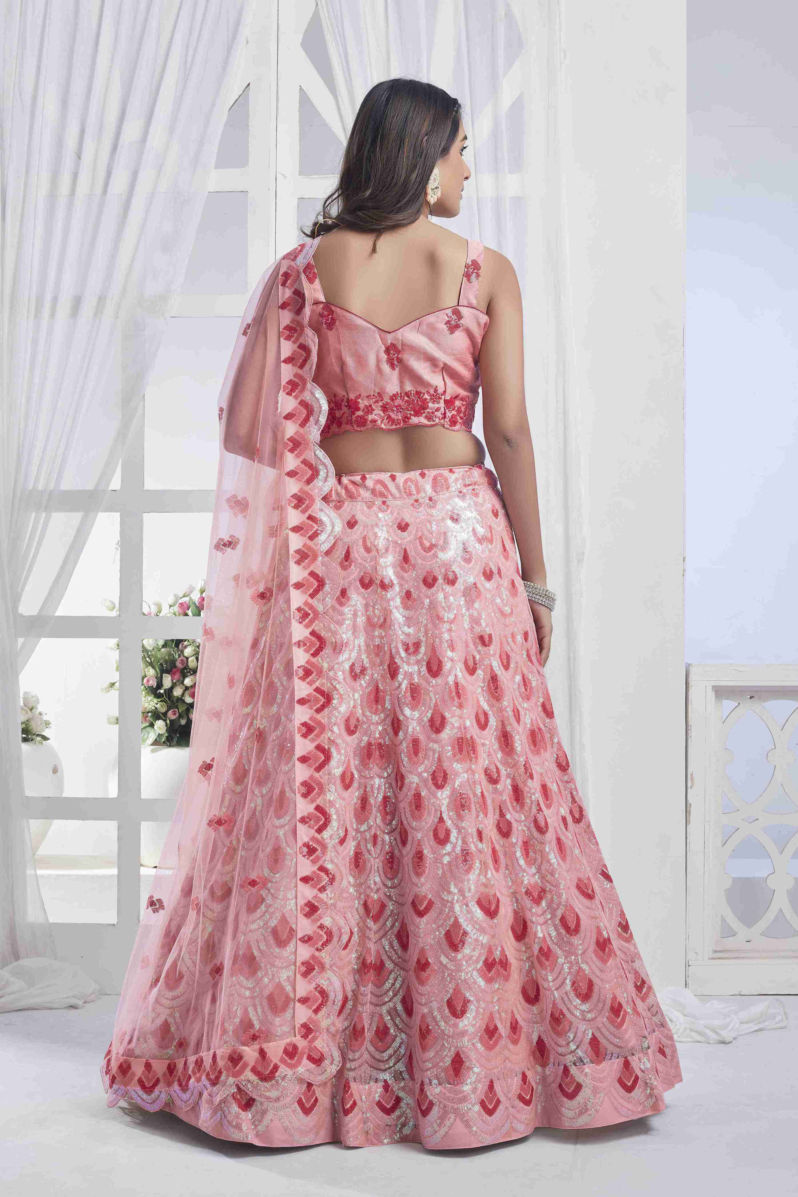 Peach Silk Sequins Embroidered Lehenga Choli