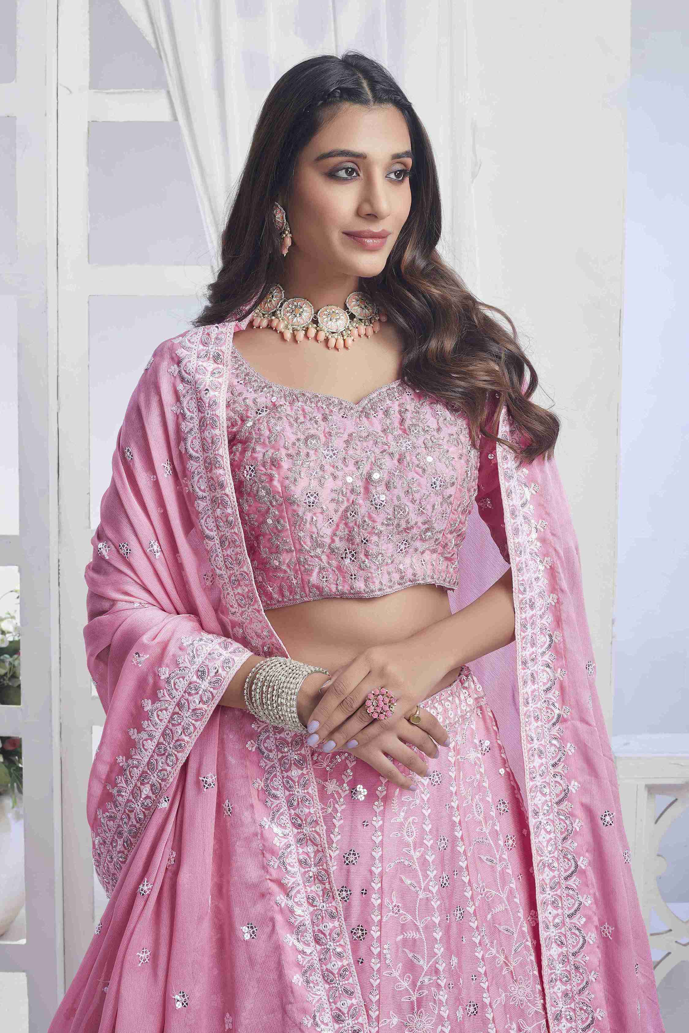 Baby Pink Chiffon Sequins Embroidered Lehenga Choli